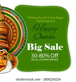 Vektordesign der Kathakali Tänzerin auf dem Happy Onam Festival Hintergrund Kerala South India im indischen Kunststil