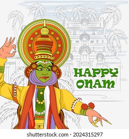 Vector design of Kathakali dancer on Happy Onam festival background of Kerala South India in Indian art style