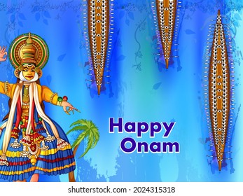 Vektordesign der Kathakali Tänzerin auf dem Happy Onam Festival Hintergrund Kerala South India im indischen Kunststil
