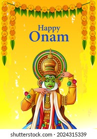 Vector design of Kathakali dancer on Happy Onam festival background of Kerala South India in Indian art style