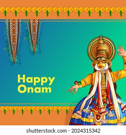 Vector design of Kathakali dancer on Happy Onam festival background of Kerala South India in Indian art style