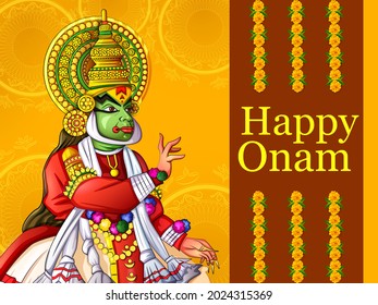 Vector design of Kathakali dancer on Happy Onam festival background of Kerala South India in Indian art style