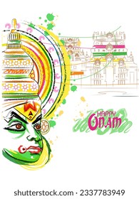 Vector design of Kathakali dancer on Happy Onam festival background of Kerala South India in Indian art style