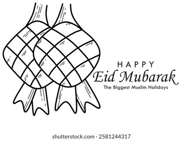 Vector design of a ketupat image for Eid al-Fitr.  simple, minimalist, black and white, coloring page, greeting card, hand-drawn, line art, Islamic, Indonesia