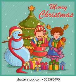 Vector design of Kid with gift and Snowman for festival Merry Christmas holiday background