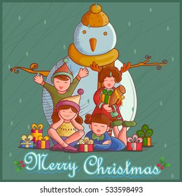 Vector design of Kid with gift and Snowman for festival Merry Christmas holiday background