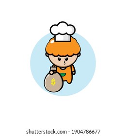 Vector design of a kid with orange curly hair being a chef carrying a treasure bag