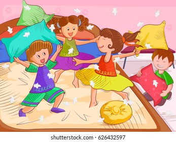 Vector design of kids doing pillow fighting and enjoying Summer Vacation