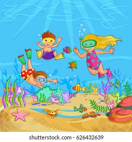 Vector design of Kids doing Underwater Scuba Diving during Summer Vacation