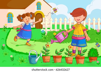 Vector design of kids enjoying gardening in summer vacation