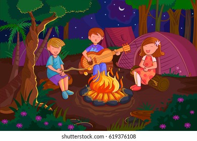 Vector design of kids enjoying music near bonfire on night camp in summer vacation
