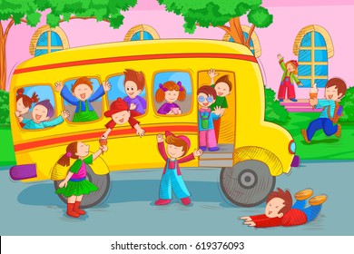 Vector design of kids going for picnic in school bus during summer vacation