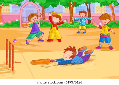 Vector design of kids playing cricket match in summer vacation
