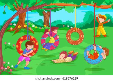 Vector design of kids playing and enjoying in summer vacation