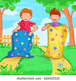 Vector design of kids playing and enjoying sack race in summer vacation