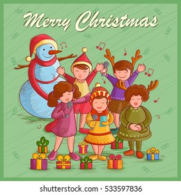 Vector design of kids singing Carol for festival Merry Christmas holiday background