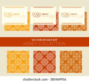 Vector design kit with business card templates and seamless patterns. Natural honey collection with ethnic regular ornament and honey emblem. Stylish ethnic design with warm palette of golden tints