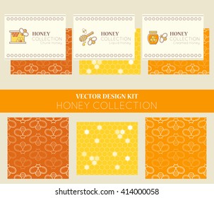 Vector design kit with business card templates and seamless patterns. Natural honey collection (types of honey - chunk, liquid, creamed). Warm color palette of golden tints