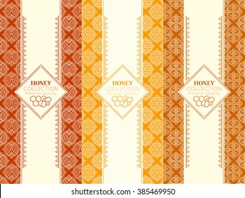 Vector design kit with package design layout and seamless patterns. Natural honey collection with ethnic regular ornament and honey emblem. Stylish ethnic design with warm palette of golden tints