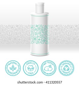 Vector design kit - set of design elements, logo design template, icons and badges for natural and organic cosmetics in trendy linear style - packaging template with label with floral pattern