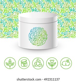 Vector design kit - set of design elements, logo design template, icons and badges for natural and organic cosmetics in trendy linear style - packaging template with seamless pattern with green leaves