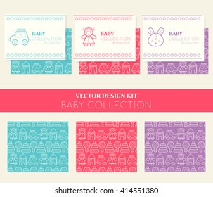 Vector design kit with three business card templates and seamless patterns. Collection for children (baby collection, all natural). Bright and happy color palette (pink, red, green)