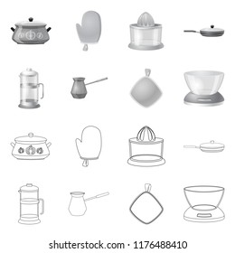 Vector design of kitchen and cook sign. Set of kitchen and appliance stock vector illustration.