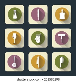 Vector design kitchen flat icons for web, white on colored basis with long shadow