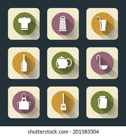 Vector design kitchen flat icons for web, white on colored basis with long shadow