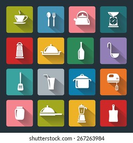 Vector design kitchen flat icons for web, white on colored basis with long shadow