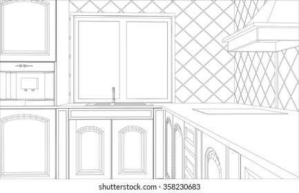 vector design kitchen in outline. Illustration created of 3d