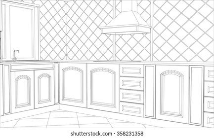 vector design kitchen in outline. Illustration created of 3d
