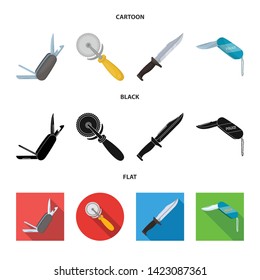 Vector design of knife and cut logo. Set of knife and flat stock symbol for web.