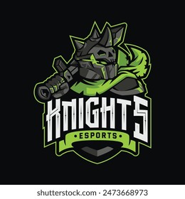 Vector design of the knight's logo using a sword for an esports team colored ashes and green posing using the sword