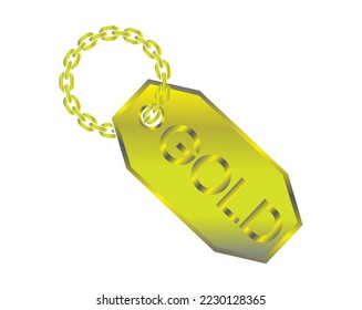 vector design of a label or tag in the form of a gold bar with a hanger hole and a chain made of gold on the label or tag has the word GOLD