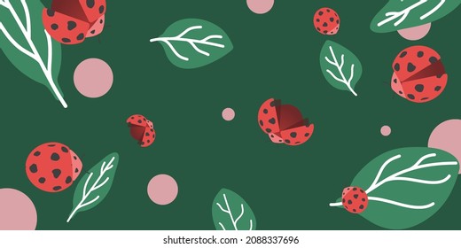 Vector design lady bugs and leave on green background for screen or print on objects cards etc.