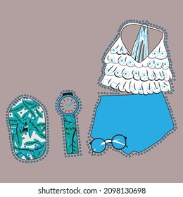 Vector design with a lady cloth, a sunglass, a watch and a ladies parts made for template logo and cloths printing.