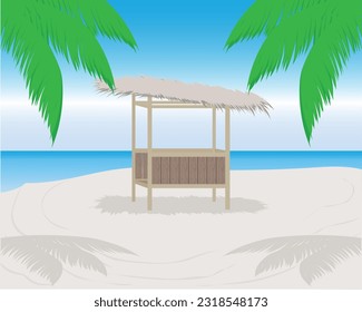 vector design of a landscape with huts made of wood and thatch on the roof located on the seashore with the sea and coconut trees on the sides and blue sky background