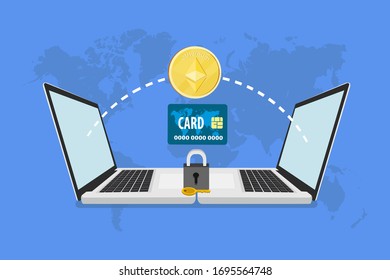 Vector design of laptops and Ethereum currency payment with decentralized virtual application on blue world map