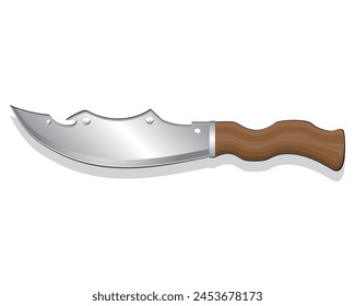 Diseño de Vector de un cuchillo Grande con un mango hecho de madera marrón oscuro y una ranura superior ondulada y afilada y hay cuatro agujeros en el cuchillo