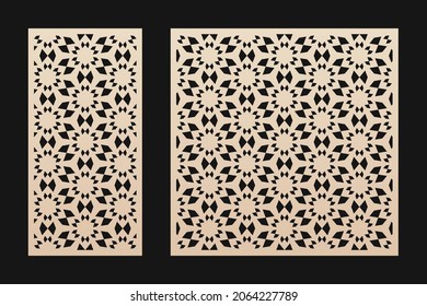 Vector design of laser cut pattern. Modern geometric ornament, abstract floral grid, snowflake silhouettes. Winter holiday template for cnc cutting of wood, metal, paper, acryl. Aspect ratio 1:2, 1:1
