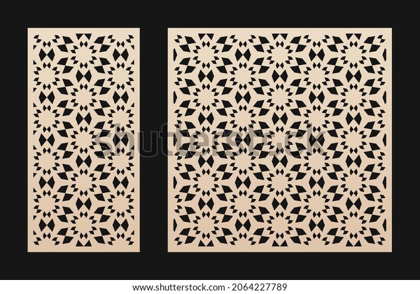 Vector design of laser cut pattern. Modern geometric
ornament, abstract floral grid, snowflake silhouettes. Winter
holiday template for cnc cutting of wood, metal, paper, acryl.
Aspect ratio 1:2, 1:1