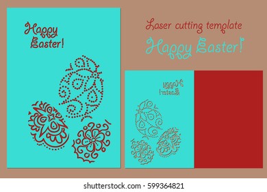 Vector design for laser cutting. Template for greeting card with ornamental easter eggs. Paper cut card with decorative eggs. Easter, spring and religion theme. Red and turquoise colors. Happy Easter!