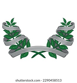 Vector design of laurel wreath surrounded by ribbon, two olive branches decorated with ribbon