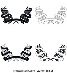 Vector design of laurel wreath surrounded by ribbon, two olive branches decorated with ribbon