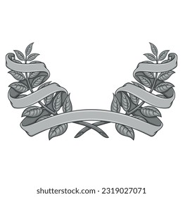 Vector design of laurel wreath surrounded by ribbon, two olive branches decorated with ribbon