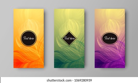 Vector design of leaflets with print of colorful peacock feathers