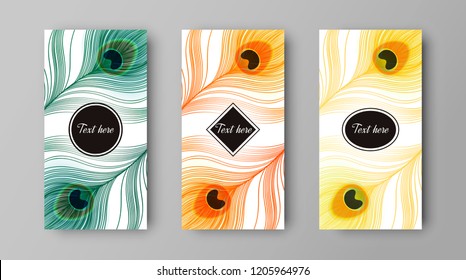 Vector design of leaflets with print of colorful peacock feathers