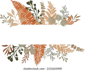 Vector design of leaves. A postcard, an invitation. Decorative borders, fern leaves, grass, herbarium, natural colors.