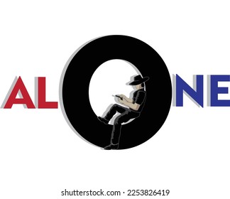 vector design of a letter that says ALONE in which the letter O shows a man wearing a black shirt and wearing a hat sitting in the center of the circle holding a gun